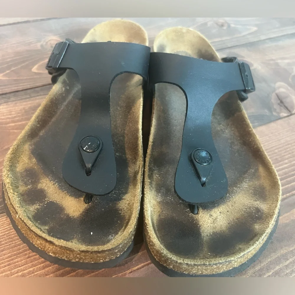 Birkenstock Arizona Giselle T strap sandals size 40 BLACK leather Footbed